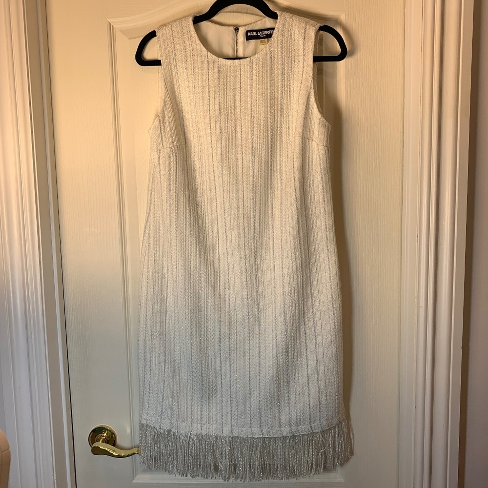 Karl Lagerfeld Paris Tweed Fringe Dress 6 Timeless Elegance - Cream white silver